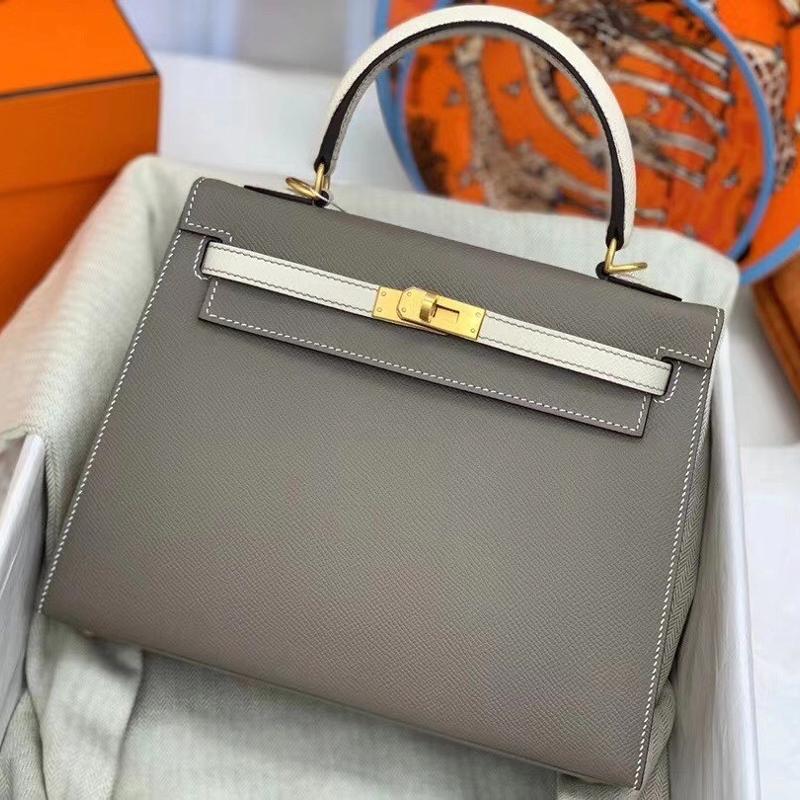 Hermes Kelly 25EP Colored Tin Ware Grey Shake Platinum Button